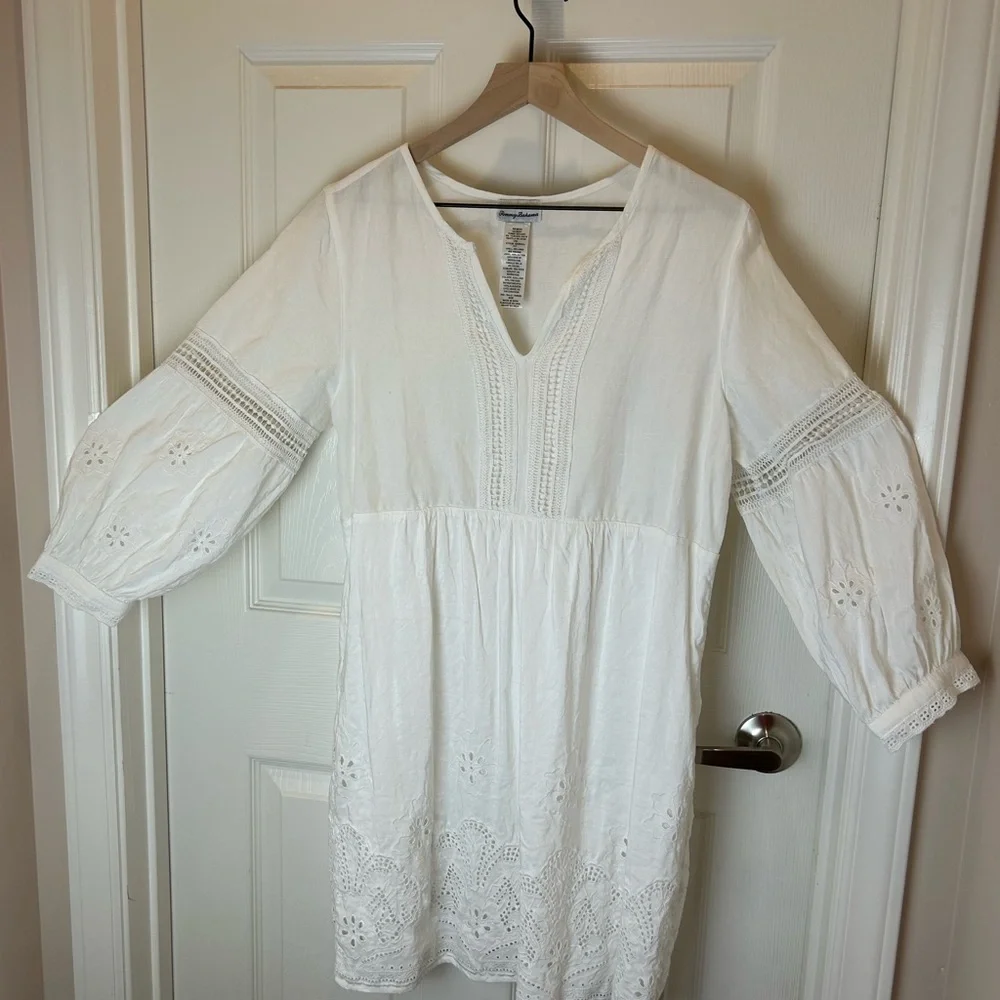 TOMMY BAHAMA WHITE ST. LUCIA SPLIT NECK LINEN BLEND DRESS SIZE MEDIUM